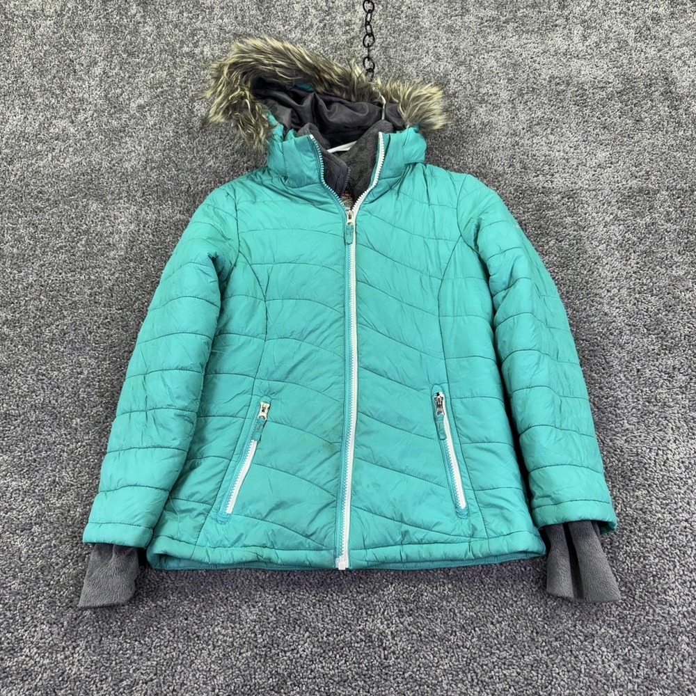 Free Country Jacket Girls 10/12 Blue Hooded Faux Fur Lined Puffer Winter Snow